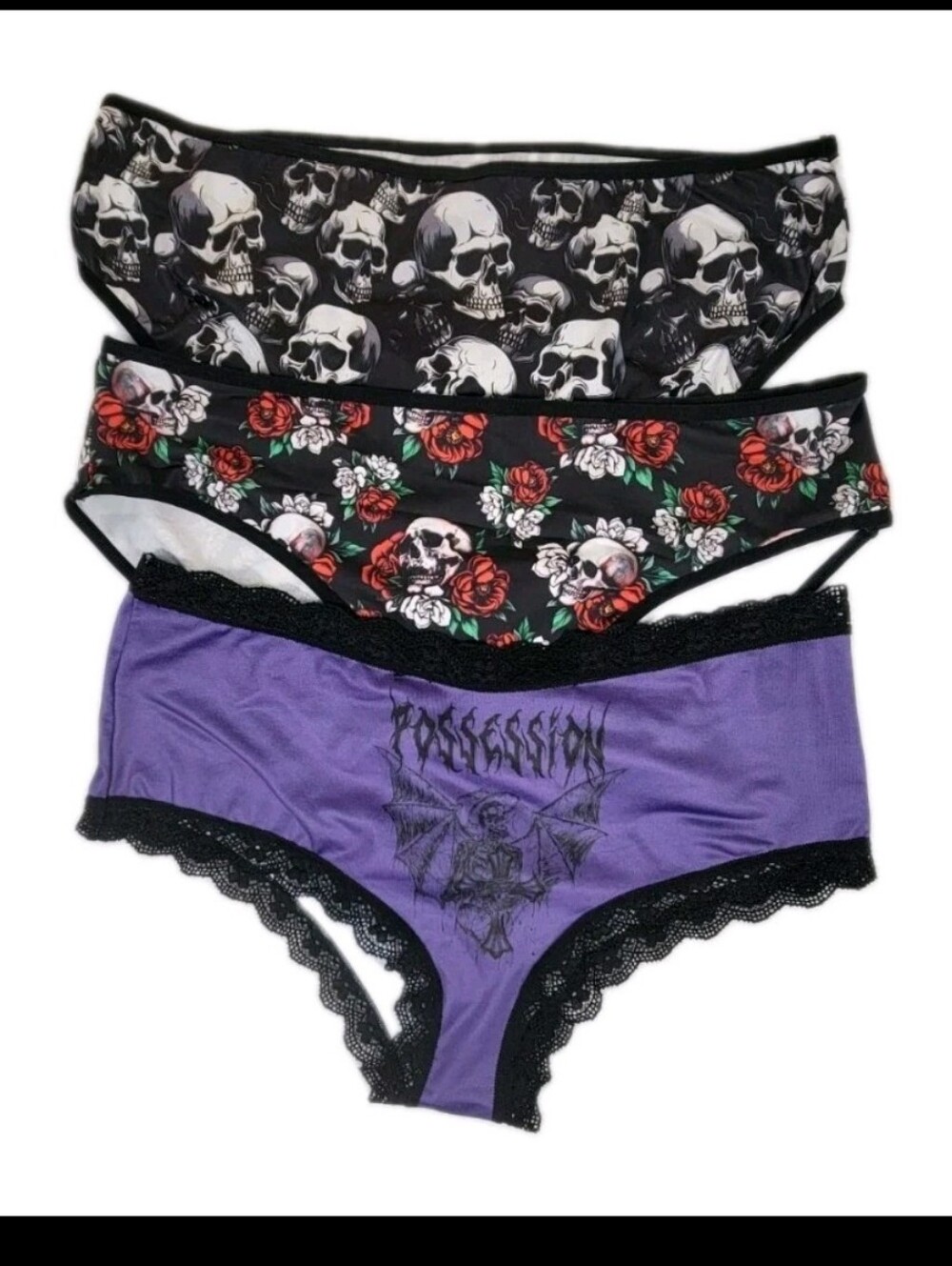 Romwe Womens 3 Pairs Skull Graphic Print Bikini Panties Size XL NWOT Goth Skull